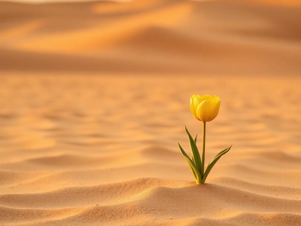 Un tulipano giallo che fiorisce nella sabbia del deserto